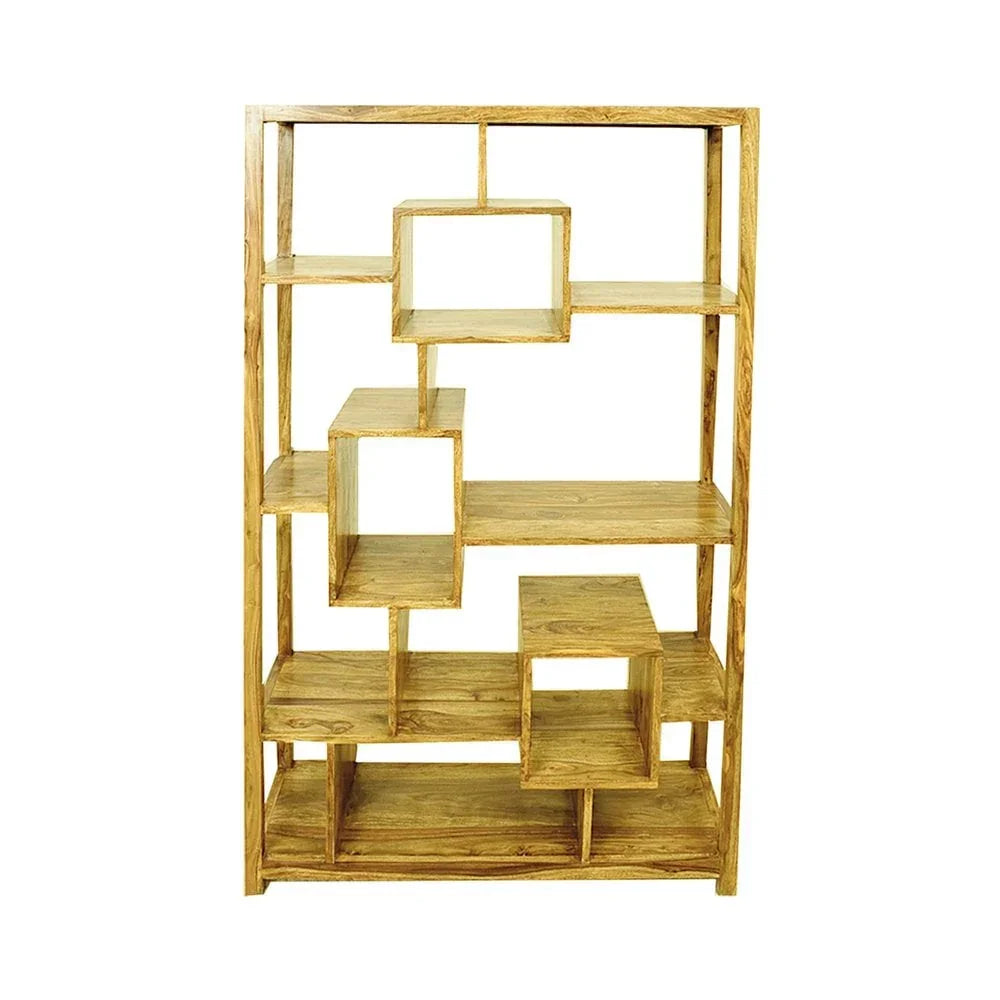 Natural wood bookcase with asymmetrical open shelving and modern geometric design