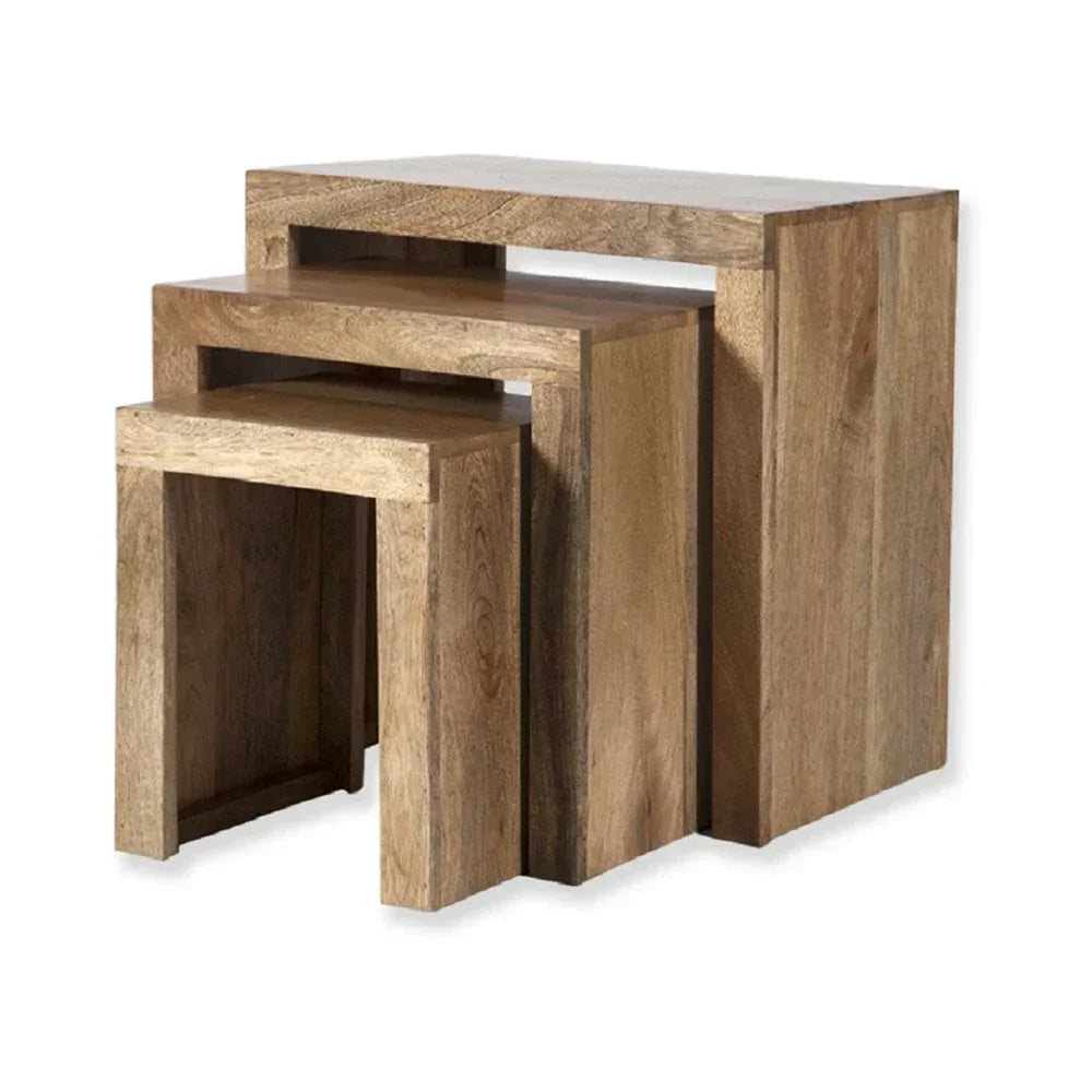 Set of three natural wood nesting tables with a rectangular design