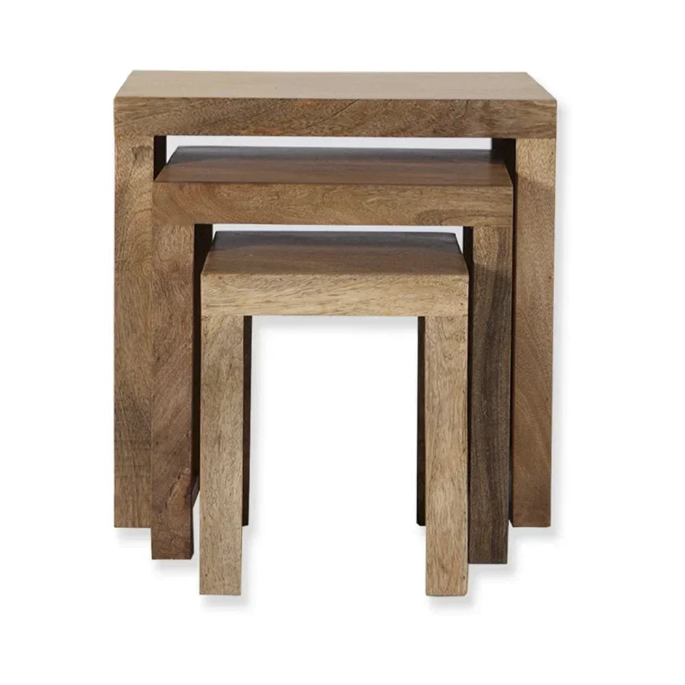 Three nested oak wood side tables with natural finish, stacked front view