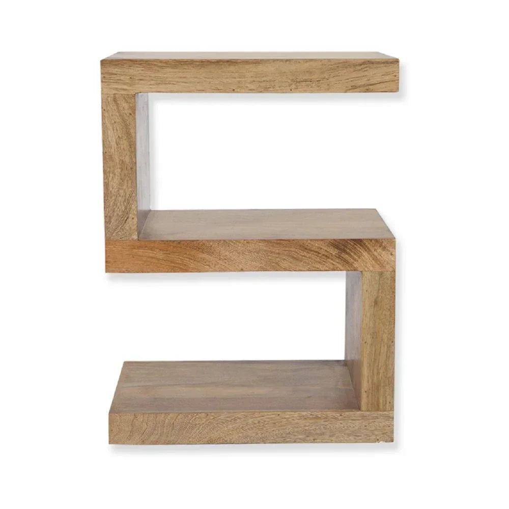 Solid mango wood side table with stepped open shelf design, natural finish, front view