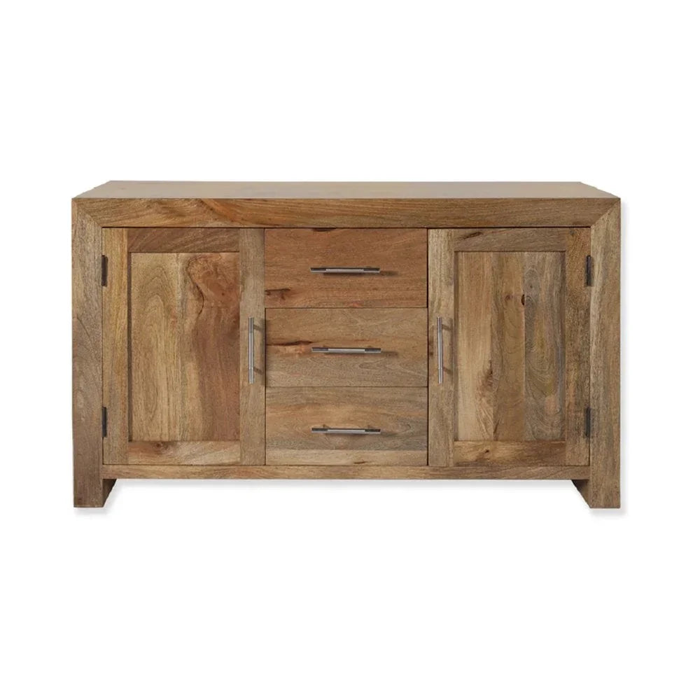 Solid wood sideboard with two doors and three central drawers, metal handles, natural finish