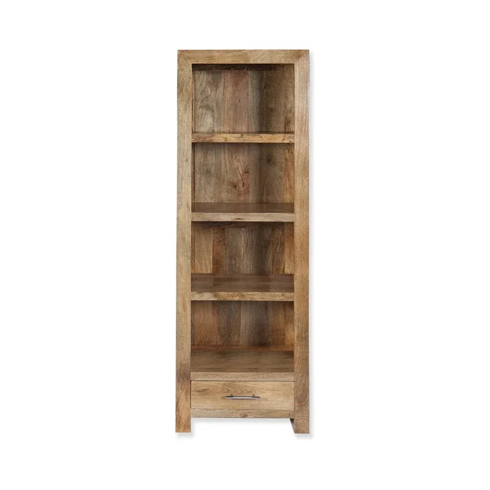 Tall wooden bookcase with four shelves and single lower drawer, natural finish