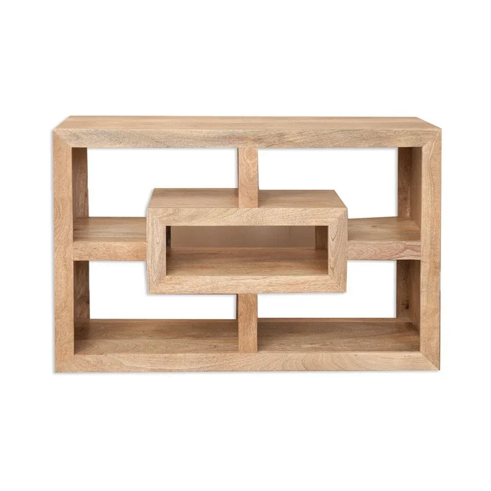Natural wood console table with geometric open shelving, front view