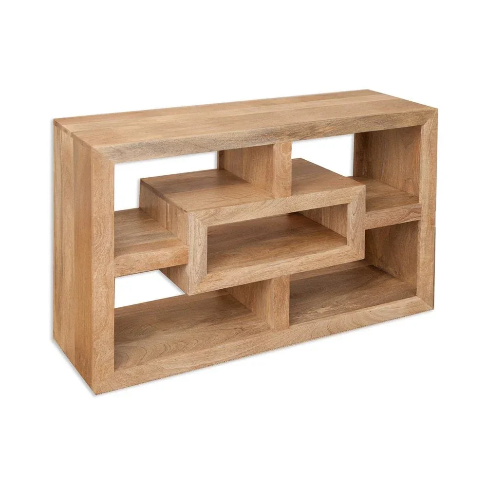 Natural wood open shelving unit with geometric shelves and modern design