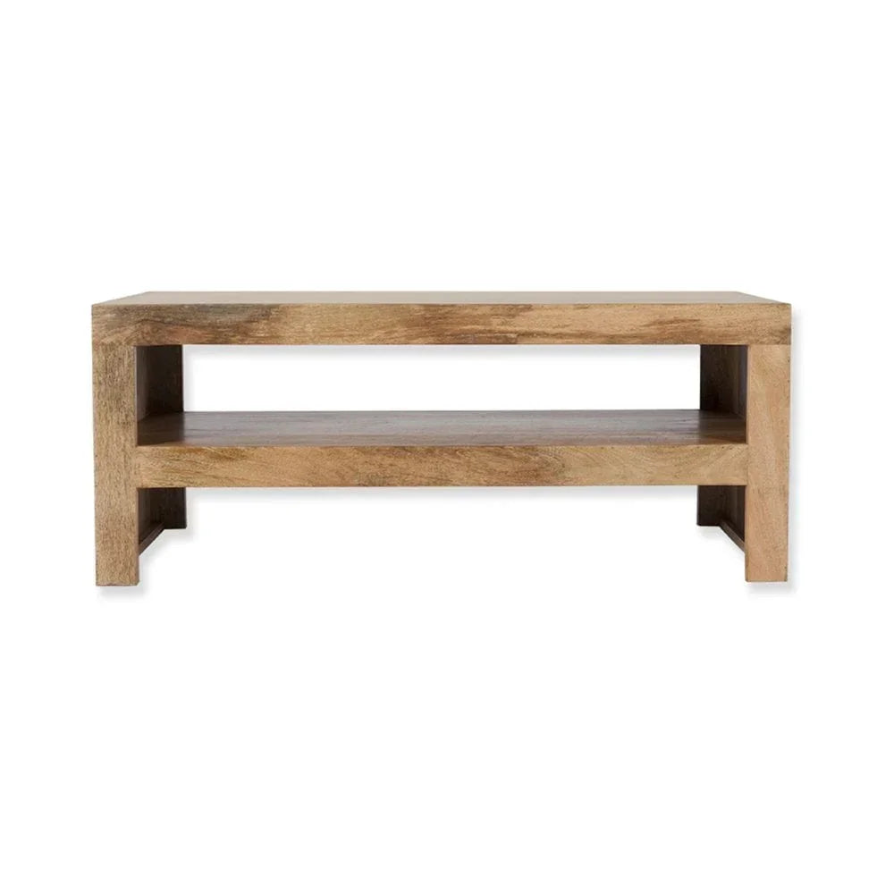 Rectangular wooden coffee table with open shelf and natural finish, front view