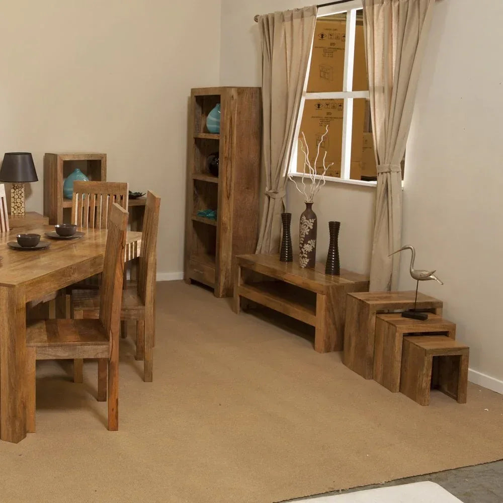 Solid wood dining table set and shelves in a modern living room with beige decor