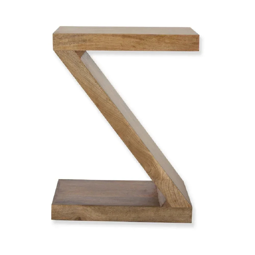 Z-shaped solid wood side table in natural finish on white background