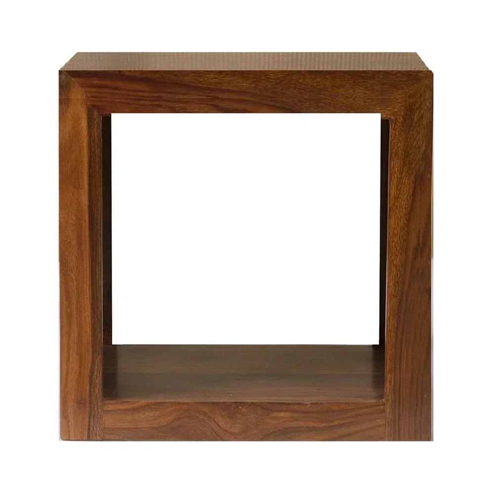 Square wooden side table with open frame design and visible wood grain