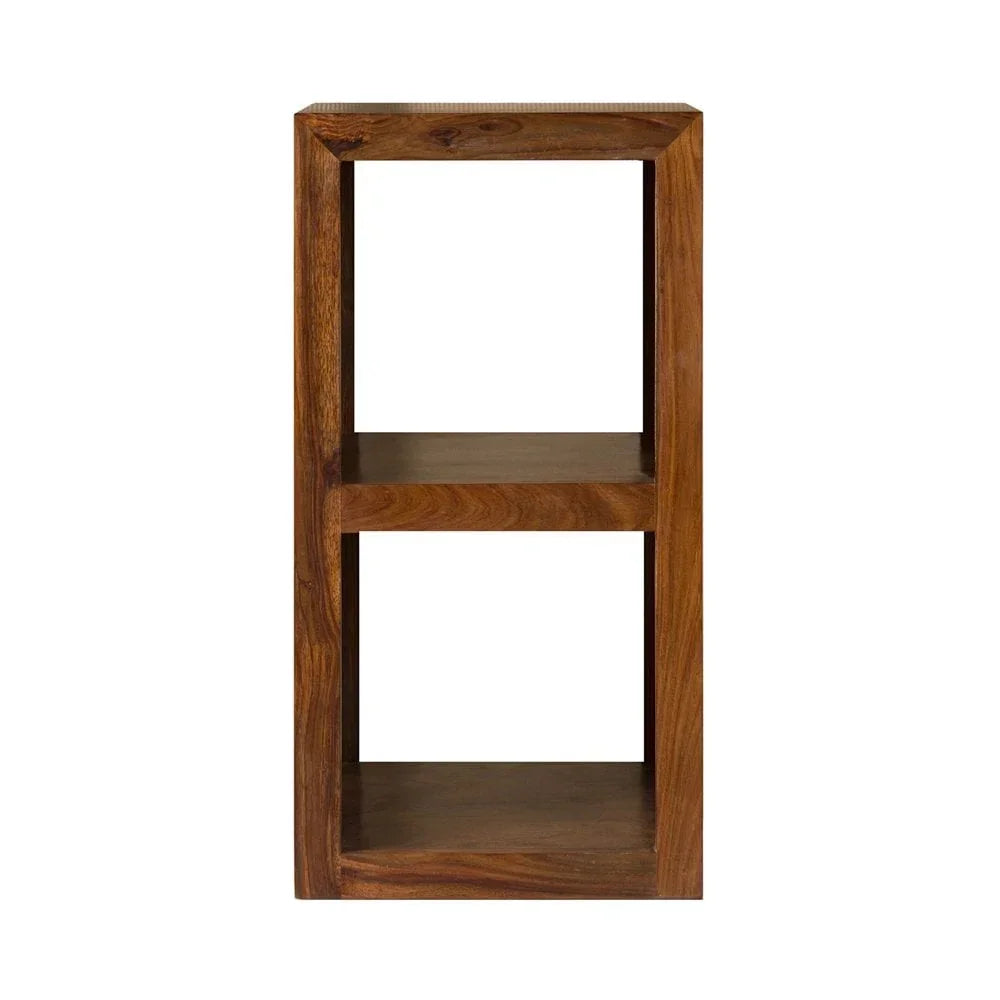 Solid wood shelving unit with two shelves and natural brown finish, front view