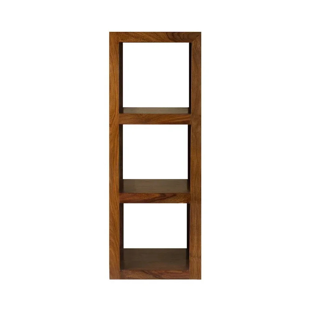 Solid wood bookshelf with three open shelves in a rectangular frame, front view