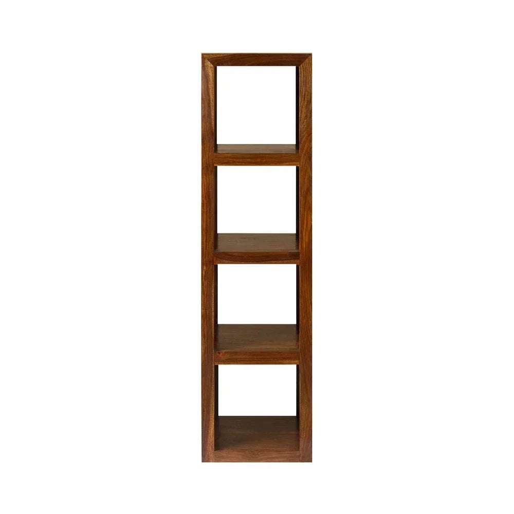 Tall wooden bookcase with four open shelves, natural finish, front view