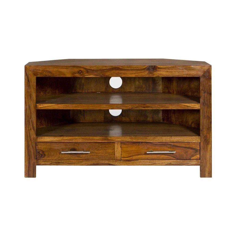 Solid wood corner TV unit with open shelves and two drawers, cable holes on back panel