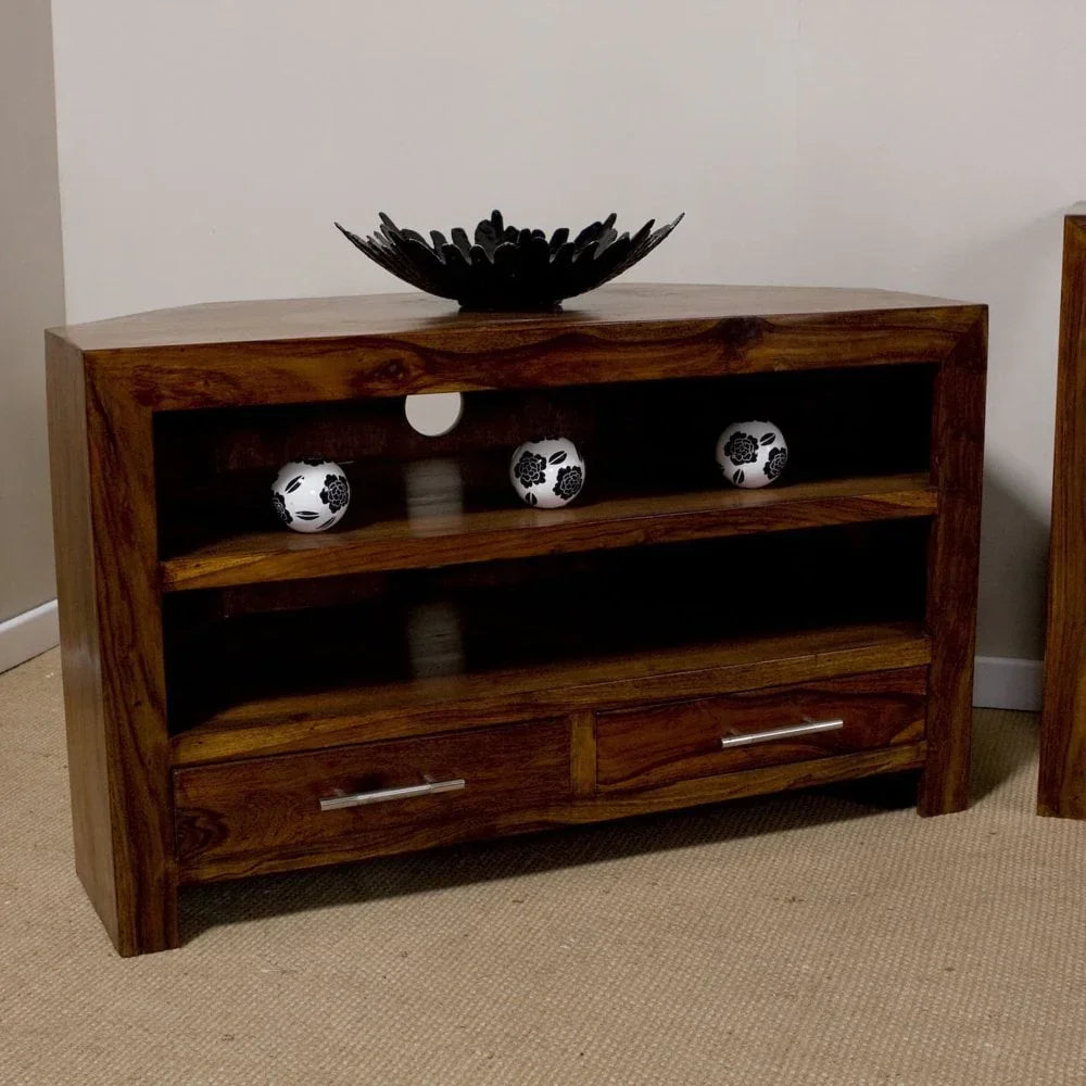 Sheesham wood corner TV unit with two drawers, open shelves and metal handles