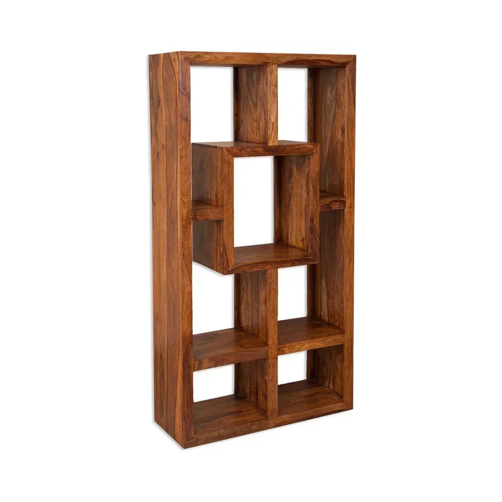 Sheesham wood bookcase with open cube storage in natural brown finish