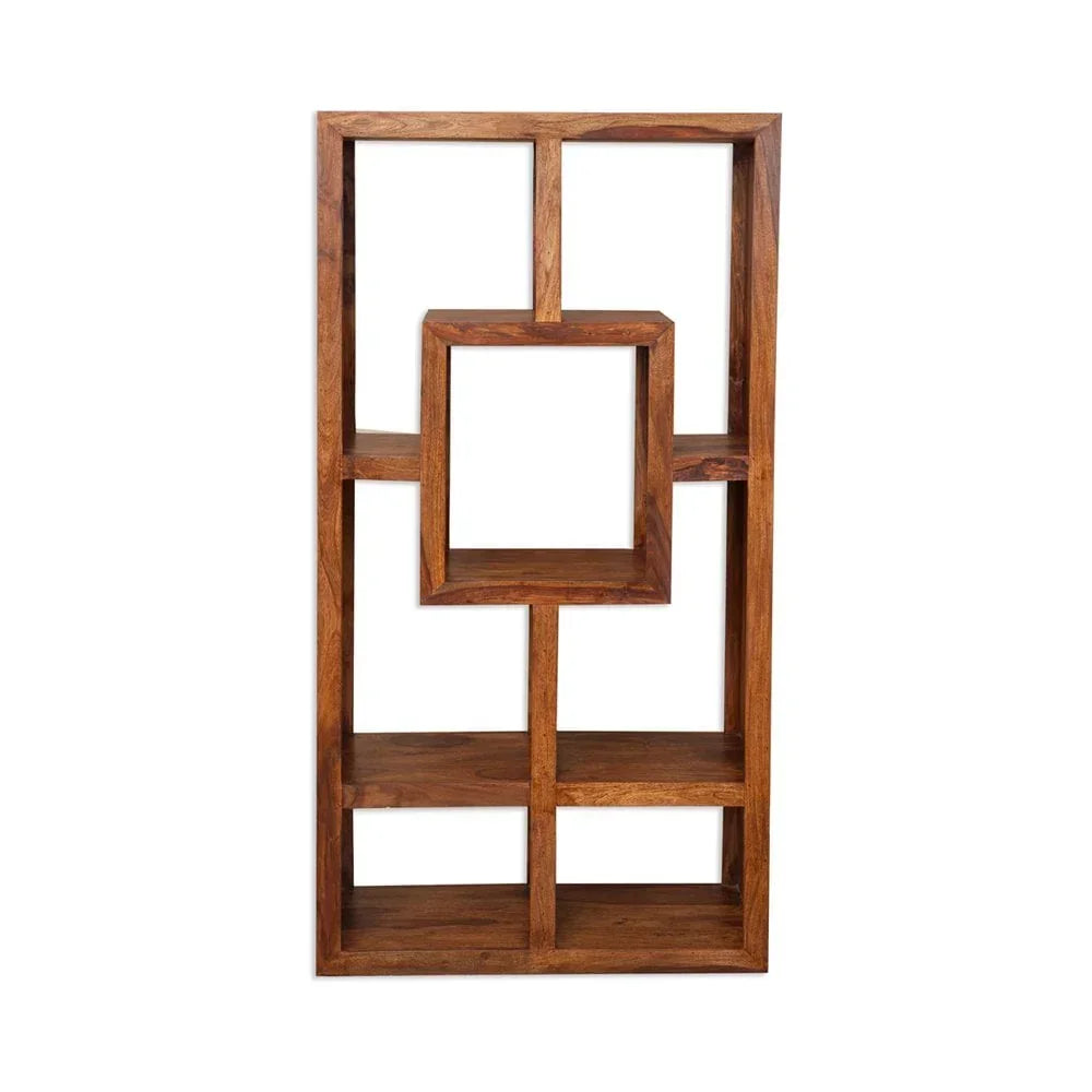 Geometric solid wood bookcase with open square shelving and natural wood grain finish