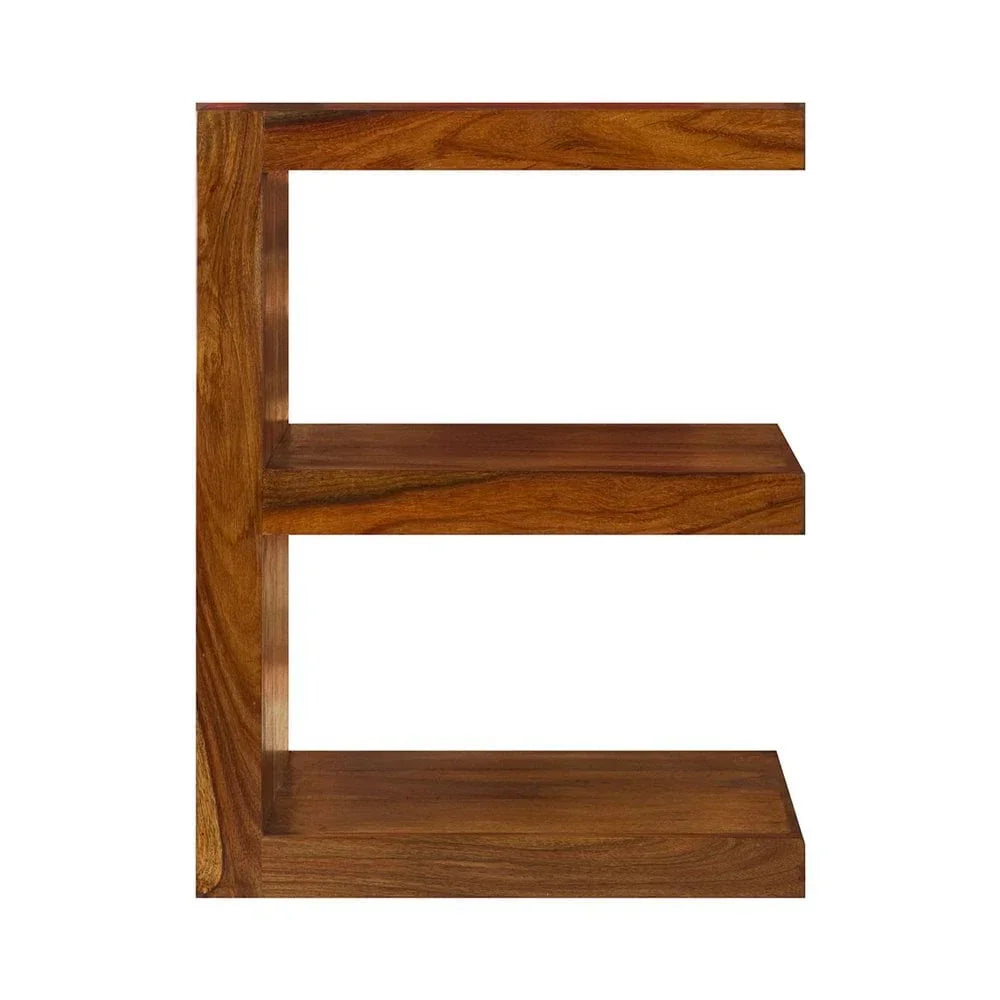 Solid wood shelf unit with three open shelves and a natural finish