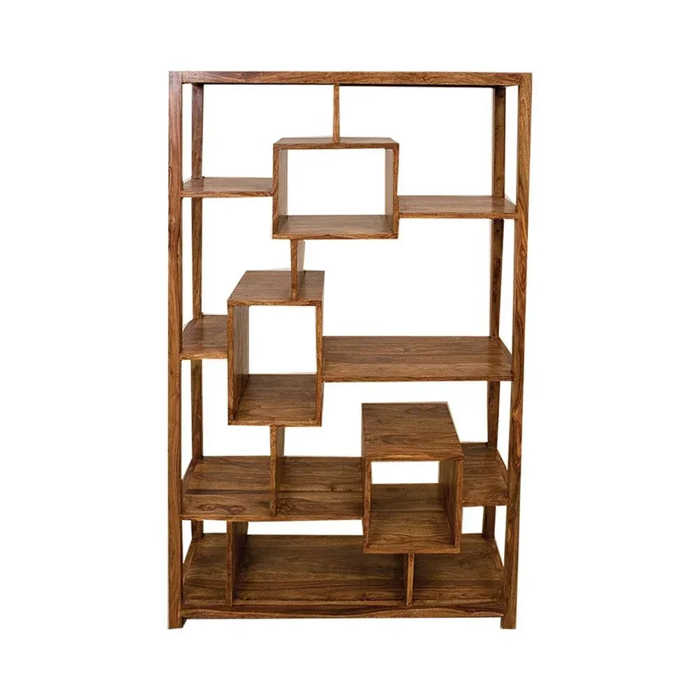Wooden bookshelf with staggered geometric open shelves and natural finish