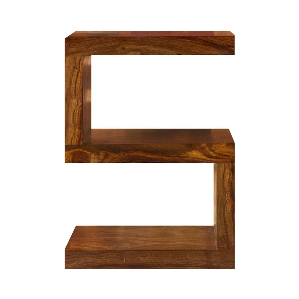 Solid wood side table with S-shaped open shelving and natural grain finish