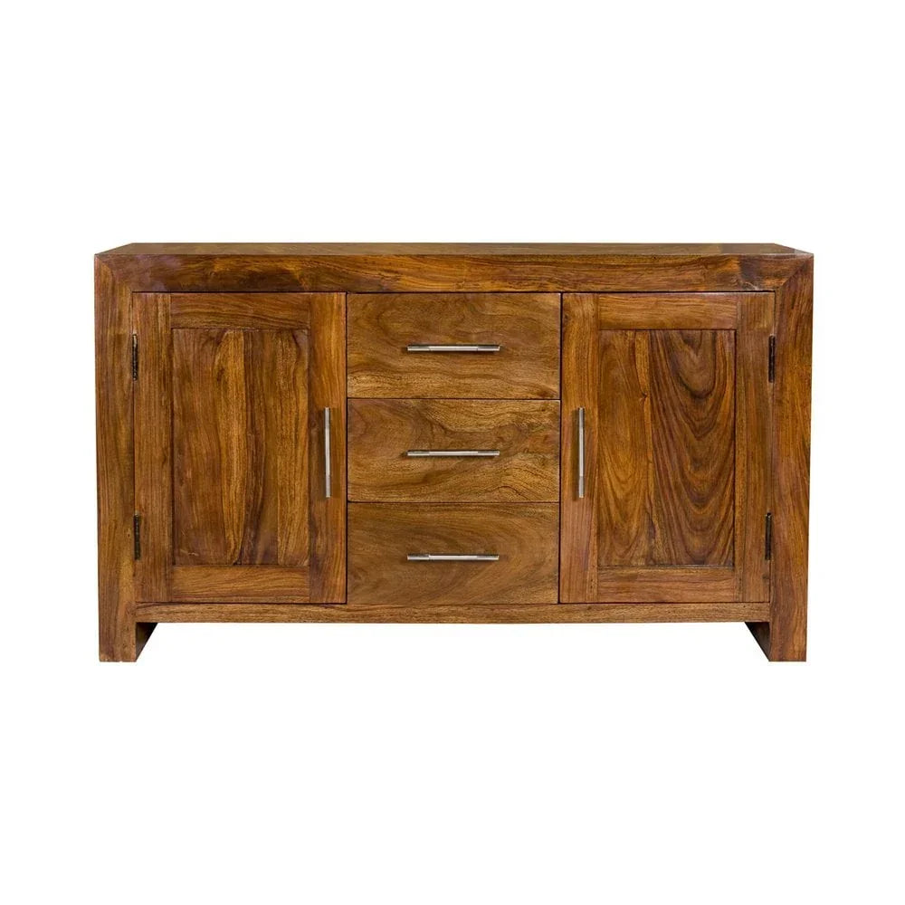 Solid wood sideboard with three drawers and two doors, metal handles, natural finish