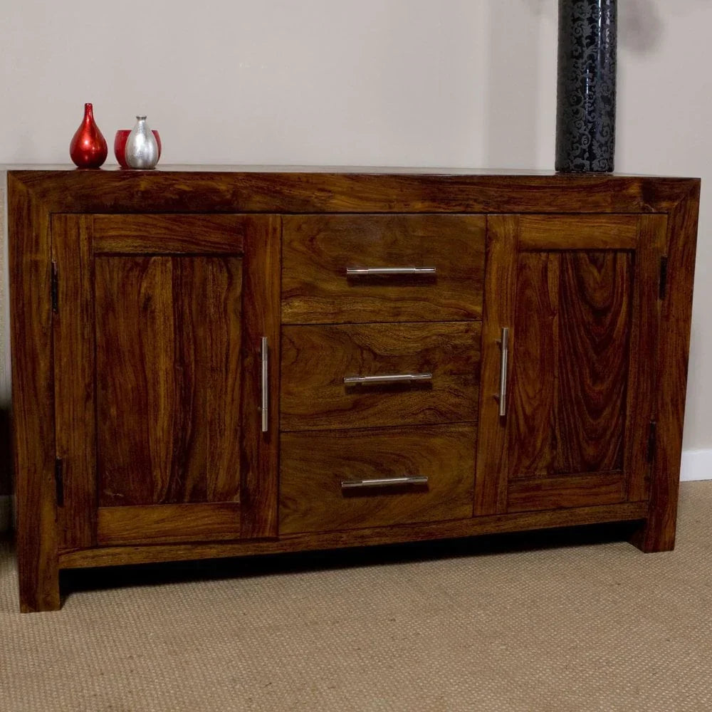 Solid wood sideboard with three central drawers and two cupboard doors, metal handles