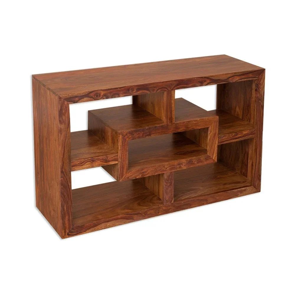 Rectangular solid wood shelving unit with open geometric compartments and natural wood grain