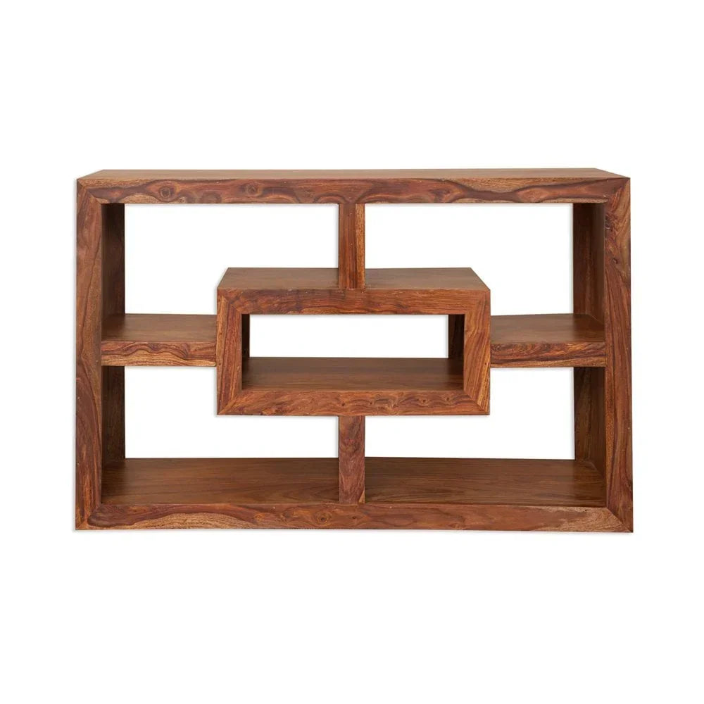 Geometric solid wood bookshelf with open shelving and rich natural finish