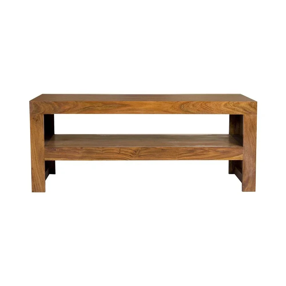 Solid wood console table with shelf in natural finish, straight lines, front view