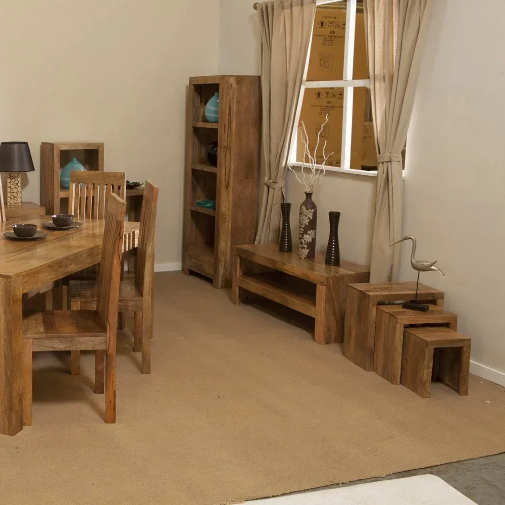 Solid wood dining table set and matching bookcase in modern living room
