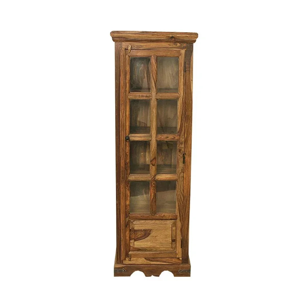 Tall wooden display cabinet with glass door panels and lower storage compartment