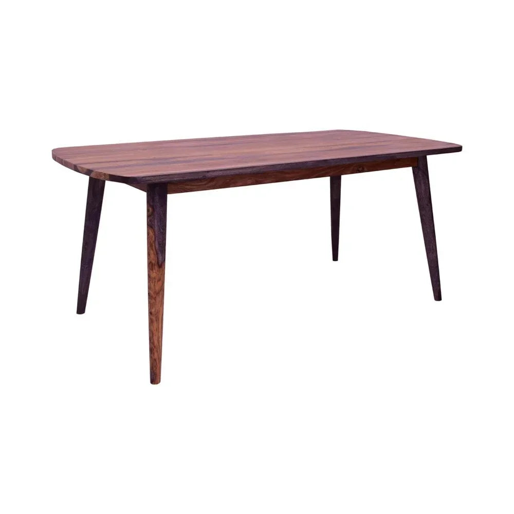 Rectangular wooden dining table with angled legs and natural grain finish