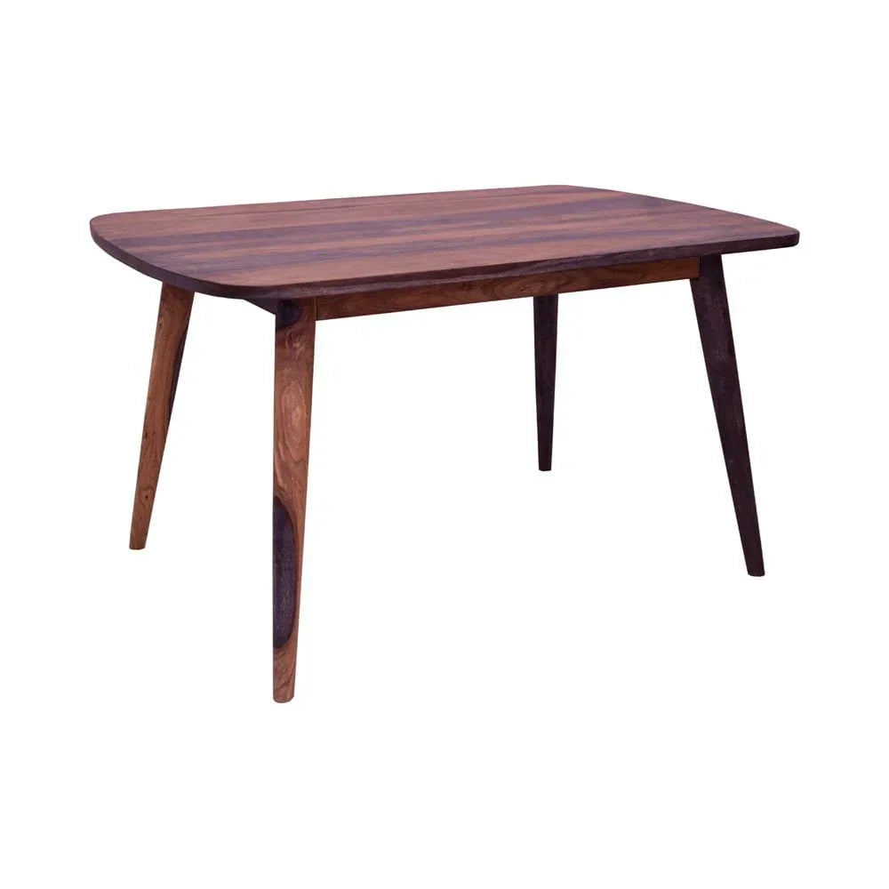 Rectangular wooden dining table with tapered legs and rich grain finish