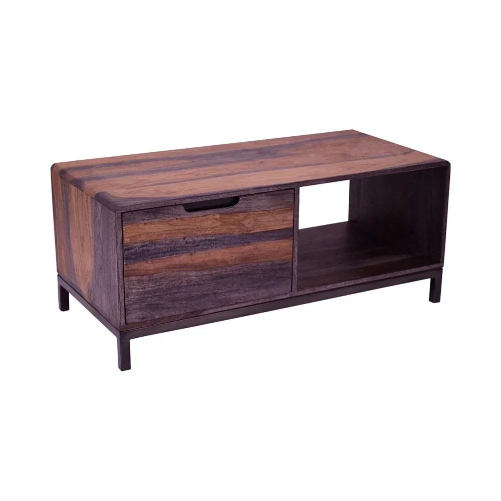Rectangular wooden coffee table with drawer and open shelf, dark wood finish