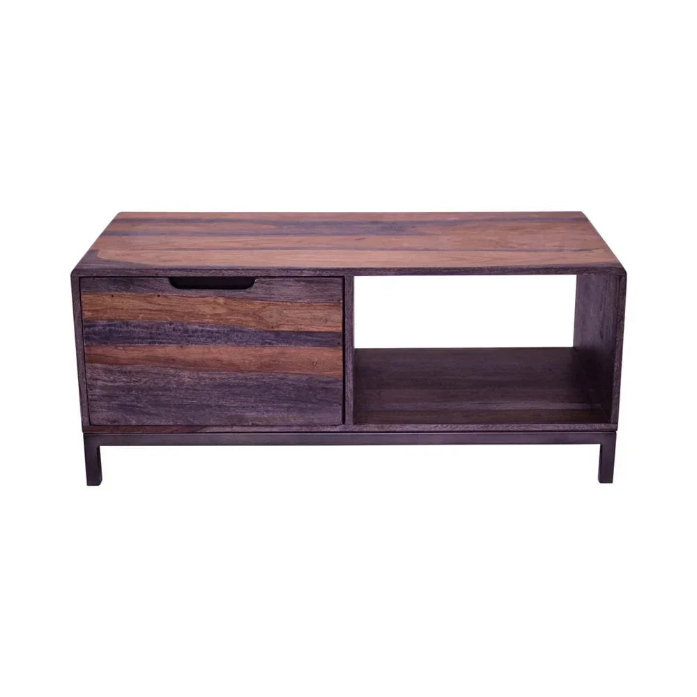 Wooden coffee table with single drawer, open shelf and black metal legs, front view