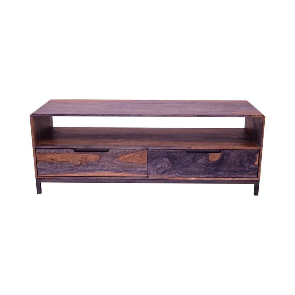 Solid wood TV unit with open shelf and two drawers, natural and dark wood grain finish