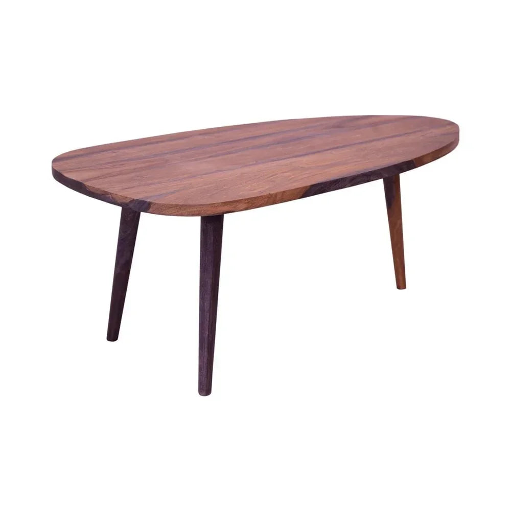 Oval wooden coffee table with tapered legs and natural grain finish