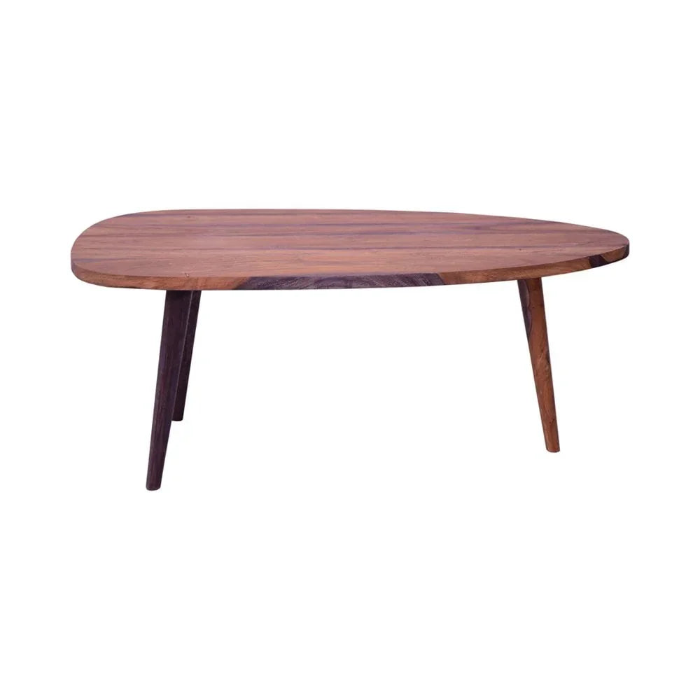 Solid wood coffee table with rounded triangular top and three angled legs
