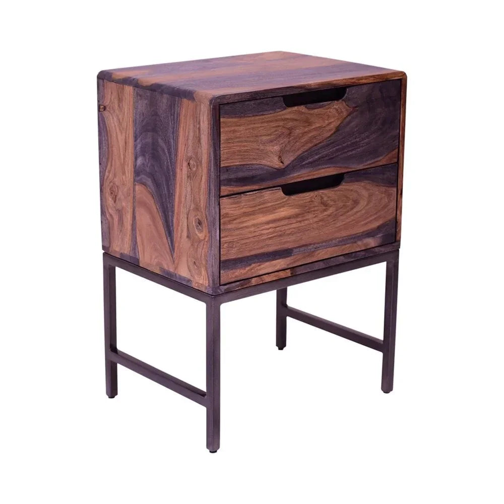 Two drawer wooden bedside table with black metal legs and natural grain finish