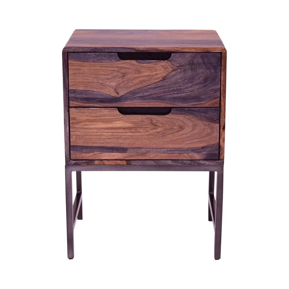 Wooden bedside table with two drawers and metal legs, front view