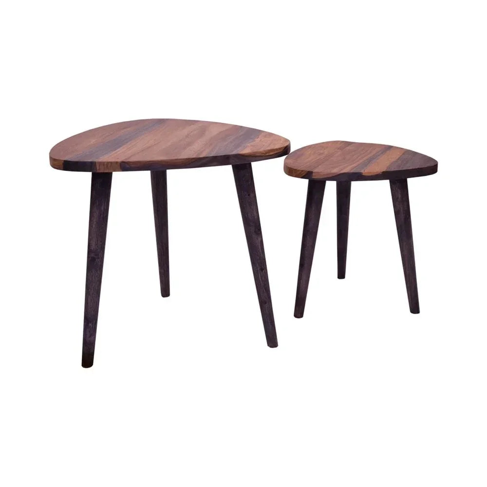 Set of two wooden nesting tables with dark tapered legs and smooth natural wood grain tops