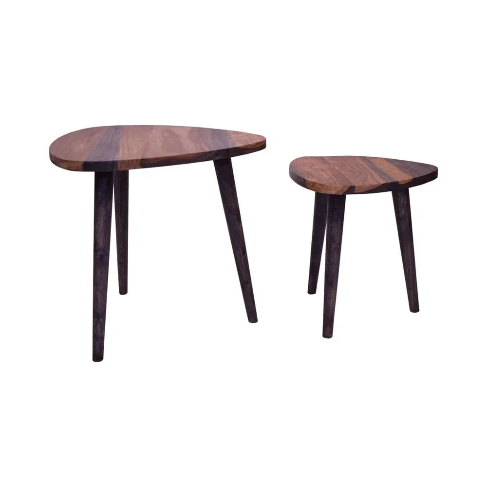 Set of two solid wood nesting tables with dark brown triangular tops and three legs