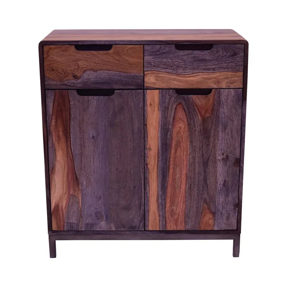 Sheesham wood sideboard with two drawers and two doors, natural grain finish