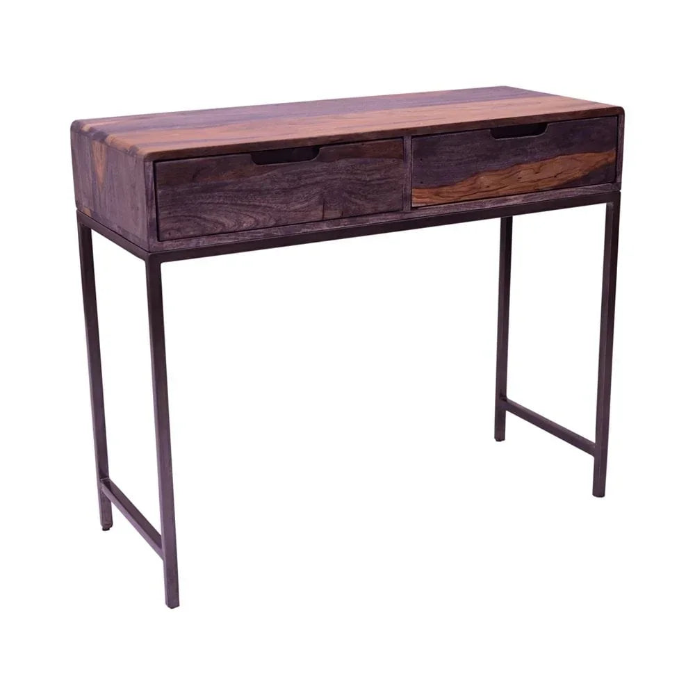 Industrial wooden console table with two drawers and slim black metal legs