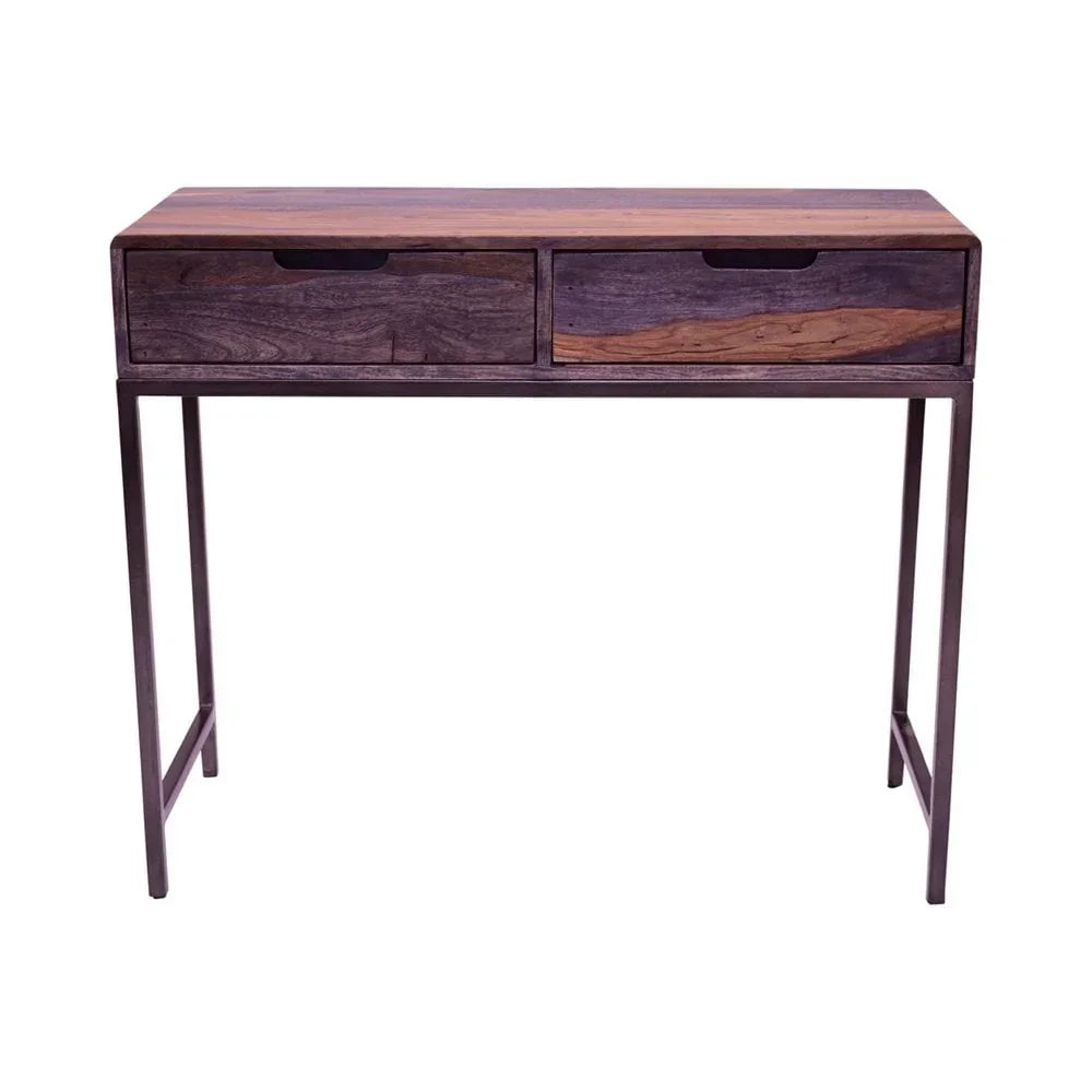 Rustic wood console table with two drawers and slim metal legs