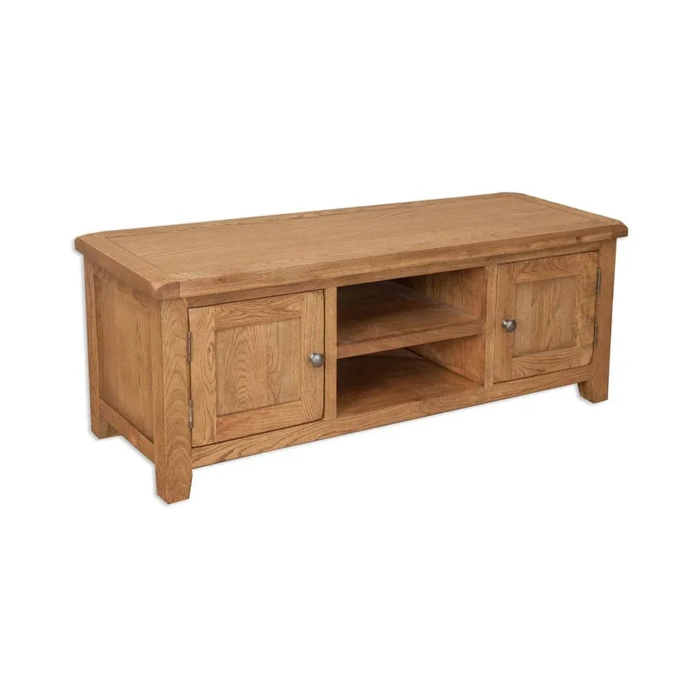 Oak TV unit with two storage cupboards and open shelves, natural wood finish