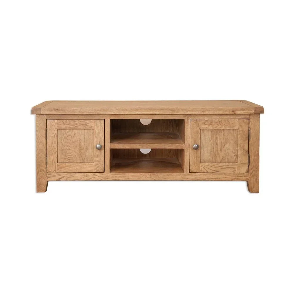 Oak TV unit with two cupboards, open shelves and cable management holes, front view