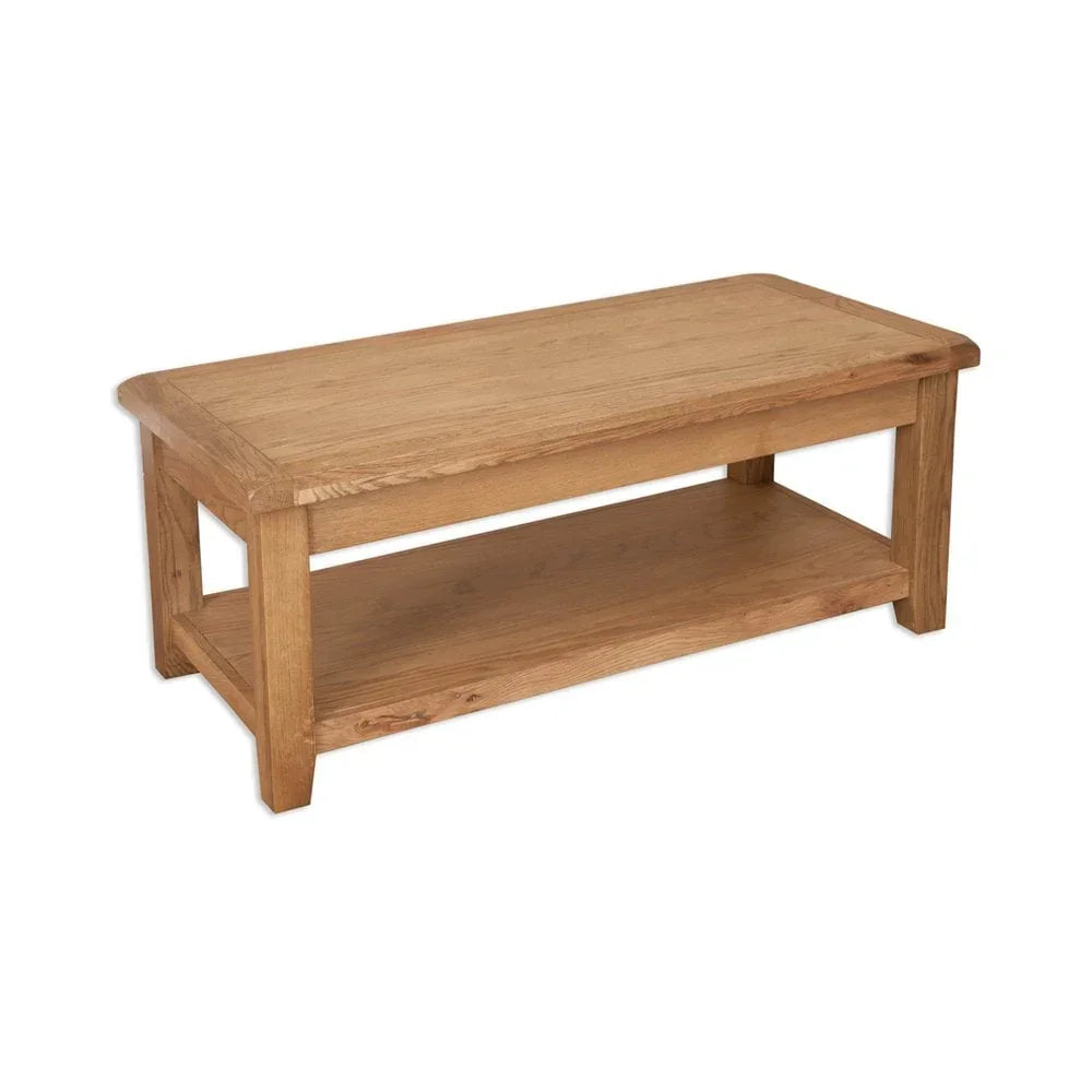 Rectangular oak coffee table with lower storage shelf and smooth wood grain finish
