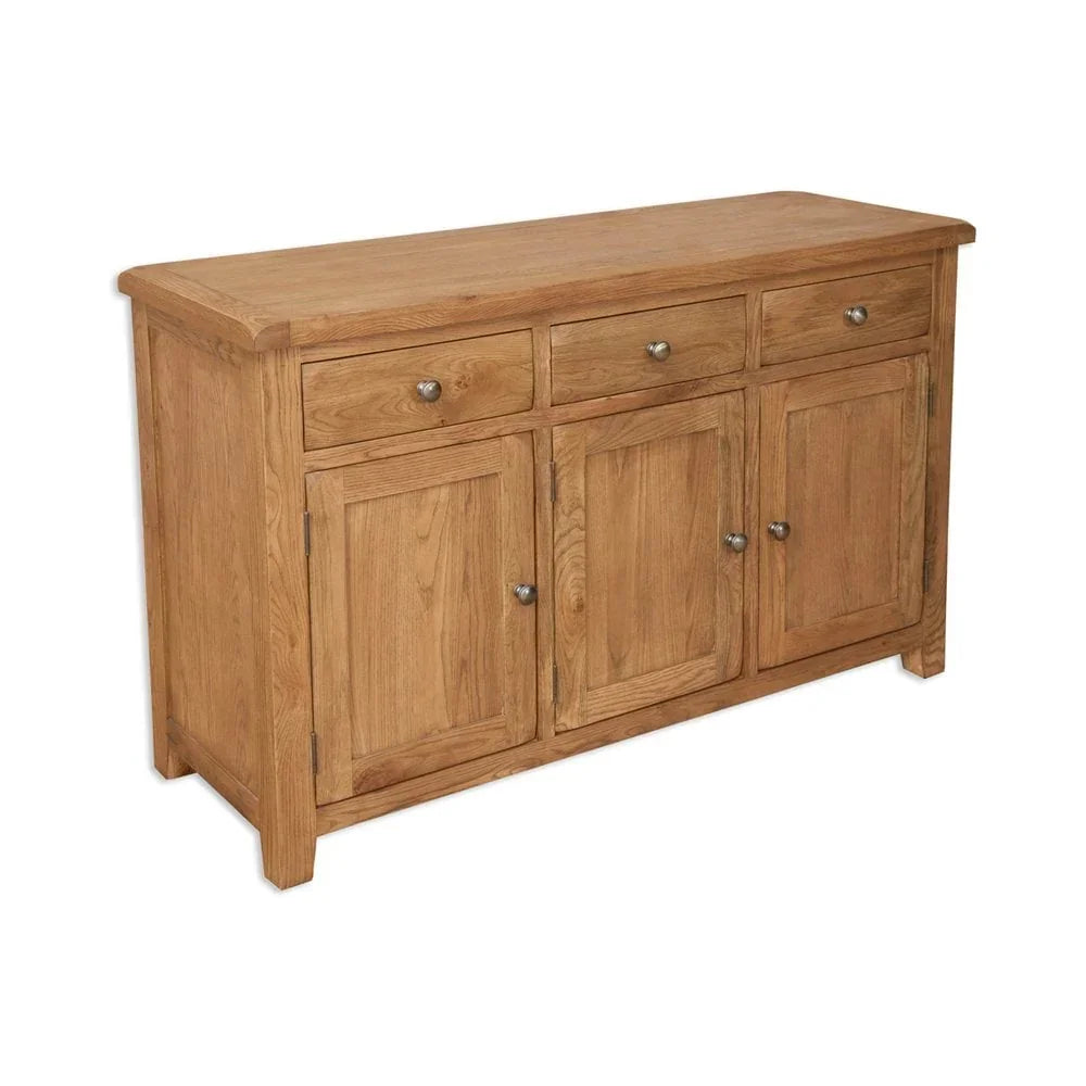 Oak sideboard with three drawers and three cabinet doors, natural wood finish