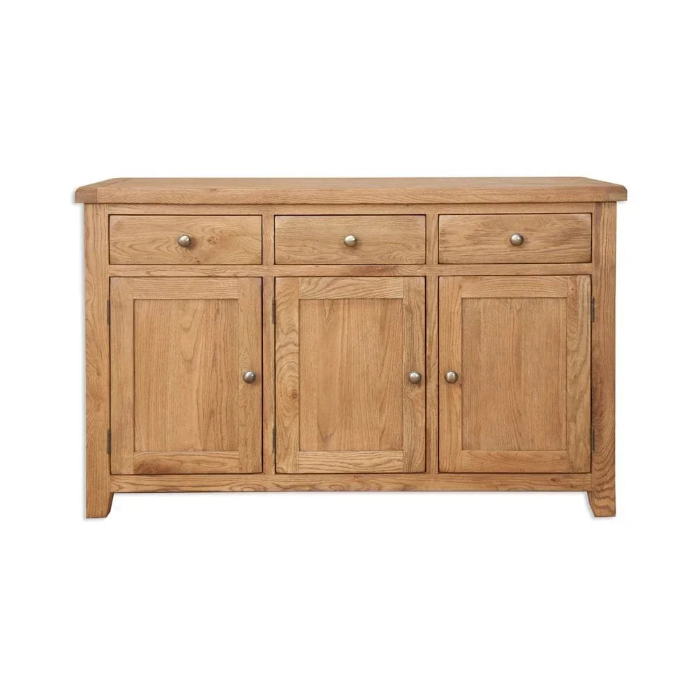 Oak sideboard with three drawers and three cupboard doors, natural wood finish, front view