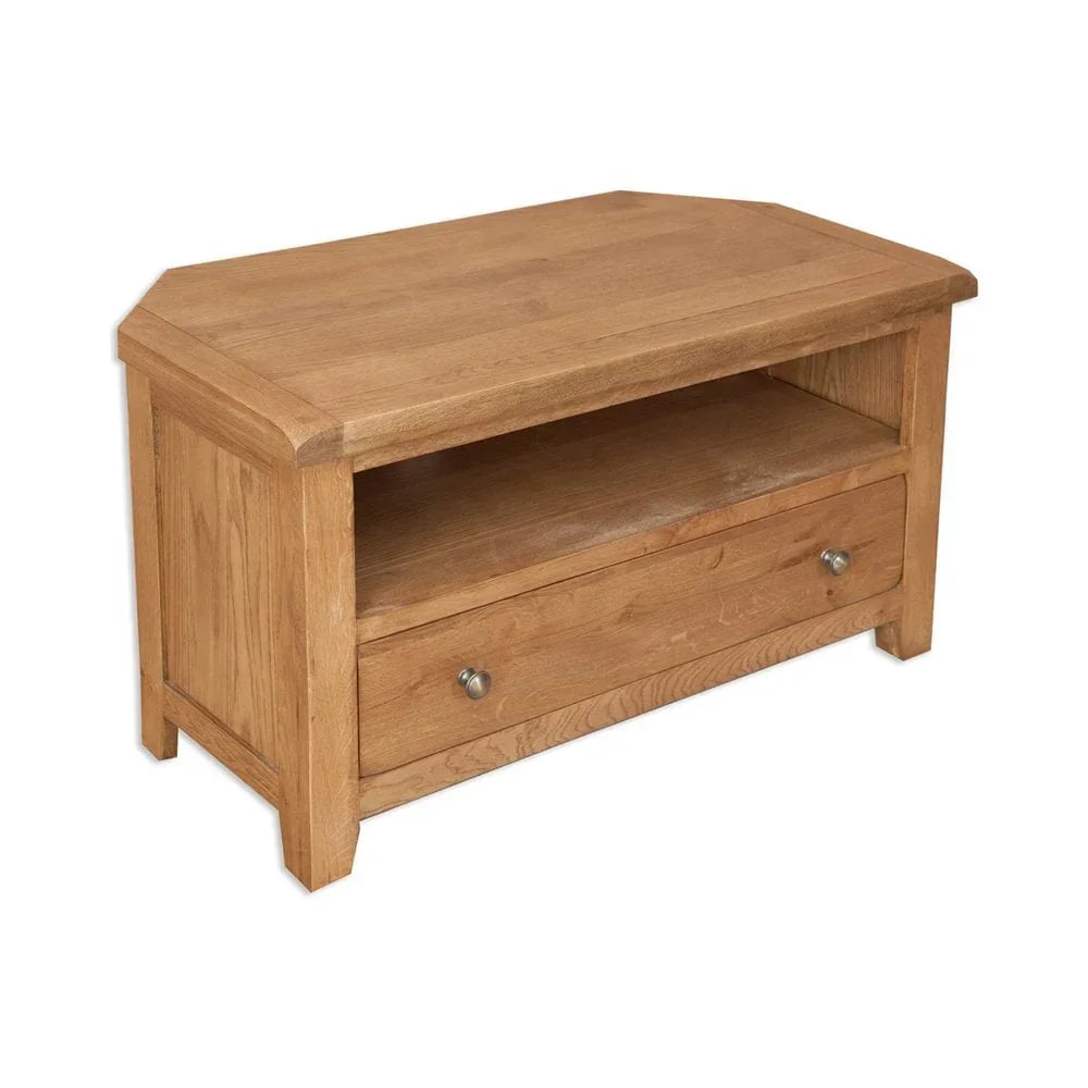 Oak corner TV unit with open shelf and single drawer, silver handles, angled front