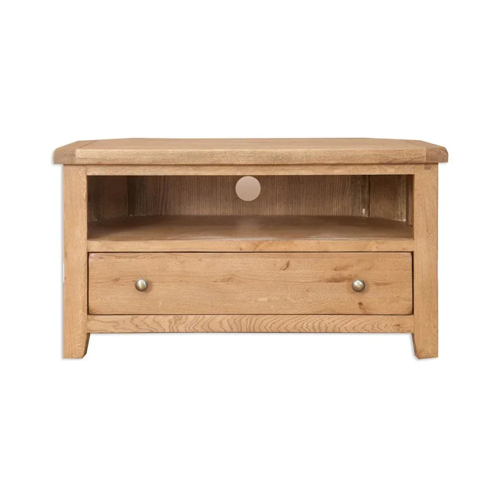 Oak TV unit with open shelf, cable hole, and single drawer front view